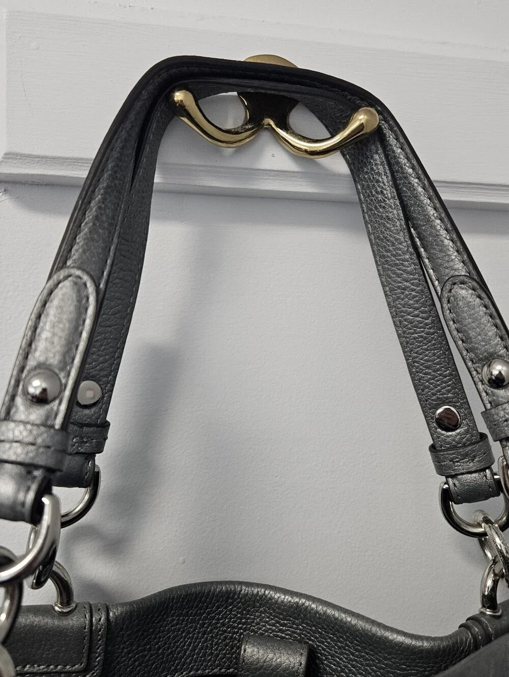 Coach Penelope Carryall Metallic Silver Gunmetal Pebbled Leather Tote F16531
